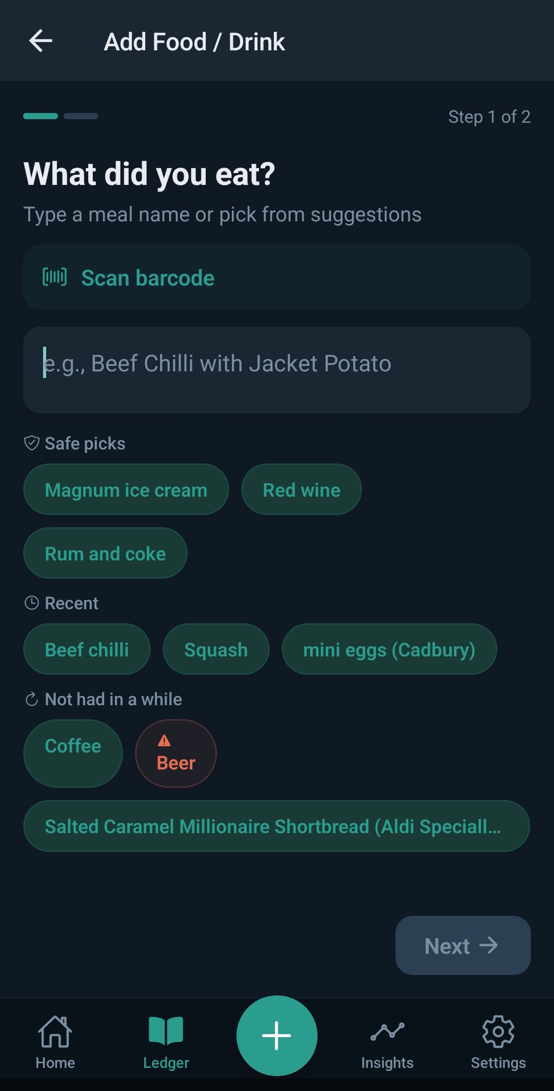 Add food with barcode scanner and smart meal suggestions