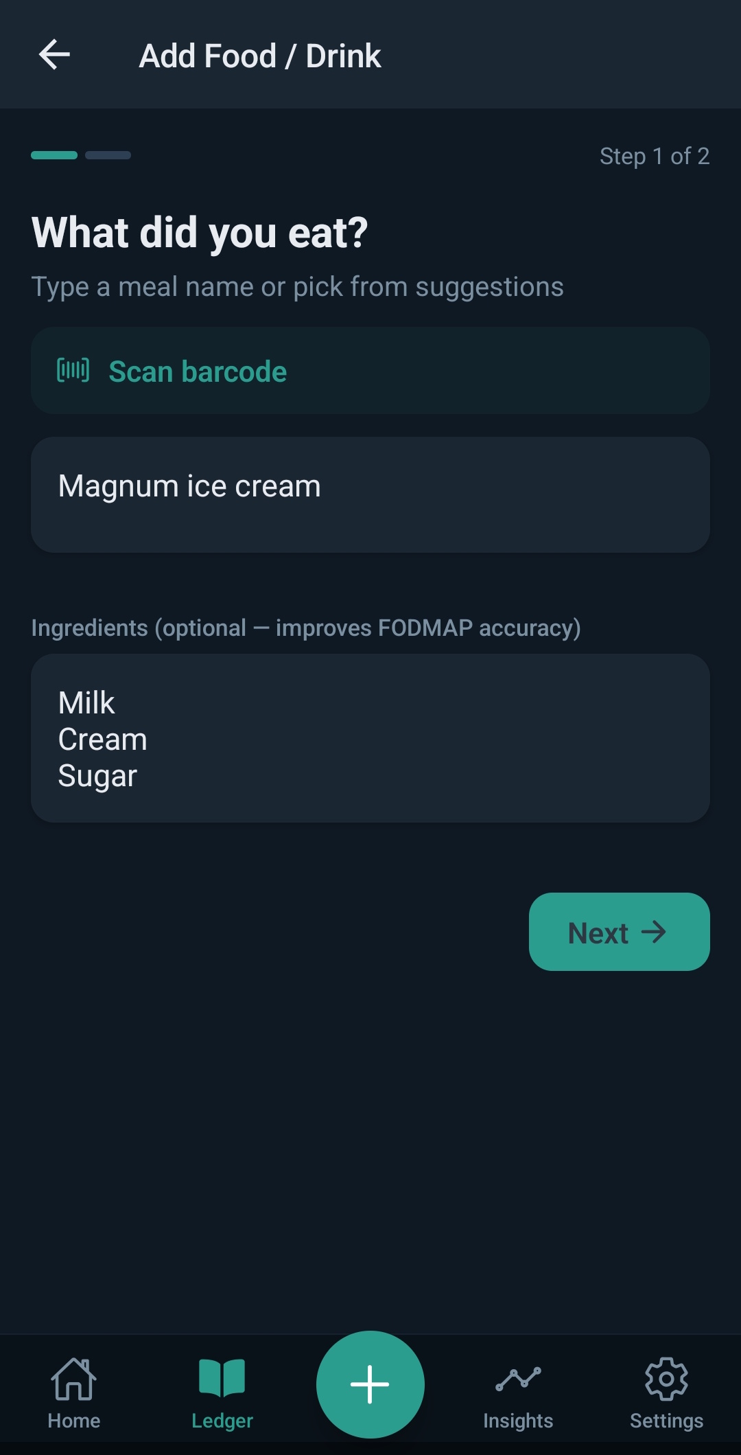 Log meal name and ingredients for accurate FODMAP analysis