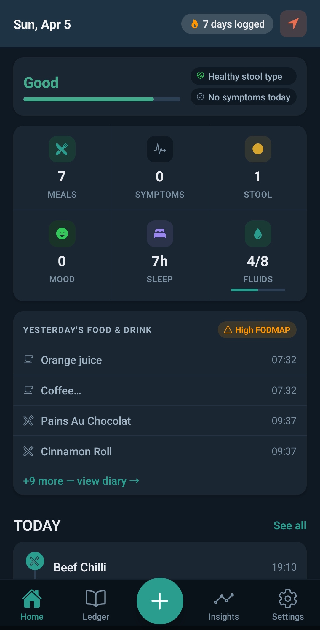 GutLedger home screen showing daily gut score and food diary