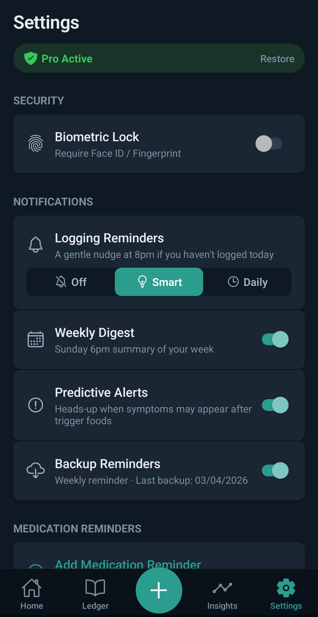 Settings screen showing GutLedger Pro features and notification options